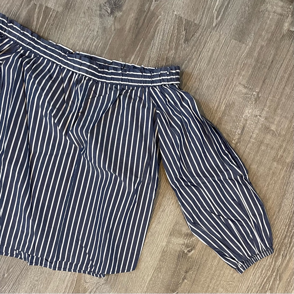 J. Crew White and Blue Off-the-Shoulder Puff Sleeve Blouse